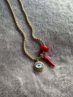 Gold Rope Chain Evil Eye & Cornicello Charm Necklace