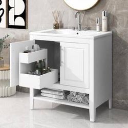NEW White 30 in. W x 18 in. D x 33 in. H Single Sink Freestanding Single Bath Vanity with White Ceramic Top