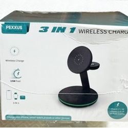 NIB, Firm, Pexxus 3 in 1 Charging Station for Apple Devices, Mag - Safe Charger Stand,15W Fast Magnetic Charger
