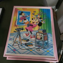 Vtg 80's Large Poster Disney Minnie Mouse  Daisy Duck Ice Cream Diner With Frame