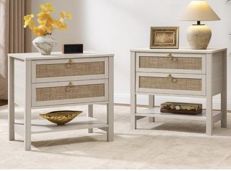 White Rattan Nightstand Set of 2, Wide Bedside Table with 2 Drawers and Open Shelf, Coastal Boho Bedside Table，white