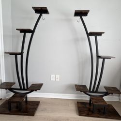 Plant Stand Set of 2 – Arc Metal & Wood, 5-Tier with Hooks – Indoor