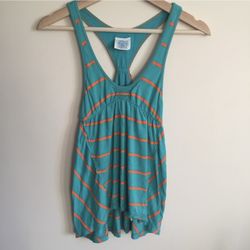 FREE PEOPLE Vintage Y2K Teal Green Orange Stripe Deep V Neck Racerback Tank Top
