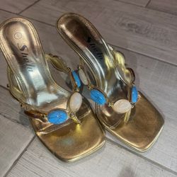 Gold Strappy Heeled Sandals with Blue Details