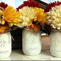 Chalk painted distressed mason jars FALL gift - orange red cream mums