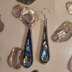 Vintage Sterling Silver Long Marquise Abalone Earrings 