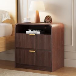 FURSUN 24" Fluted Nightstand with Charging Station, Wooden End Table with 2 Drawers Storage, Curved Profile Design, Modern Bedside Cabinet for Bedroom