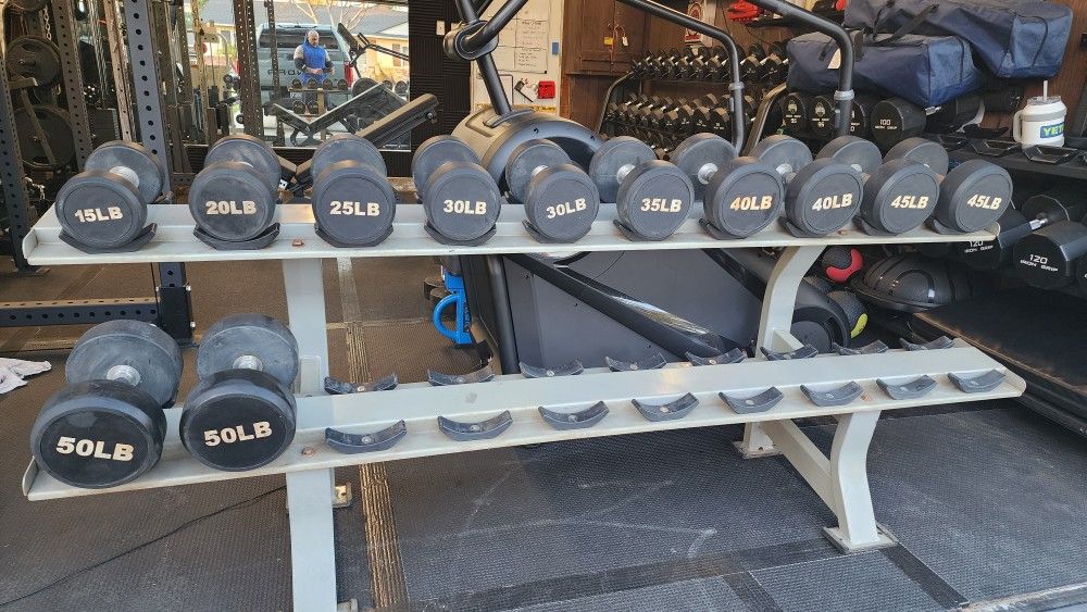 15-50lb Pro Style Rubber Dumbbell Set With Rack