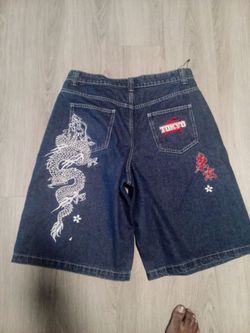 Tokyo Dragon Embroidered Denim Shorts