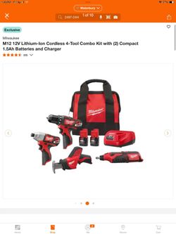 Milwaukee M12 12V Lithium-Ion Cordless 4-Tool Combo Kit with (2) Compact 1.5Ah Batteries and Charger