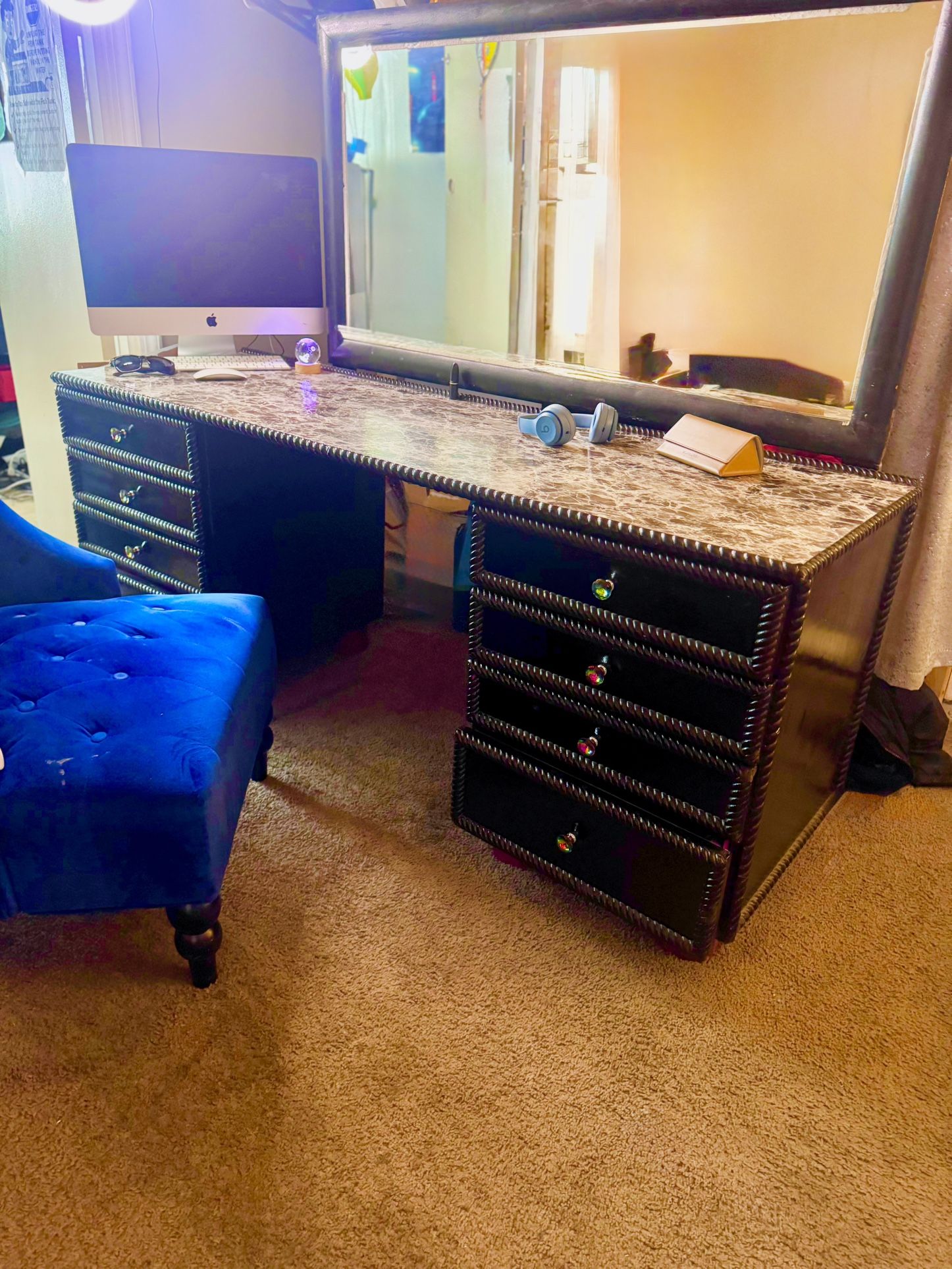 Huge Custom Vanity Desk w/ Mirror – Real Wood – 67” Long!