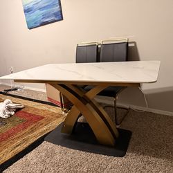 Modern Dining Table + 4 Chairs — White Marble-Look Top, Gold X-Base