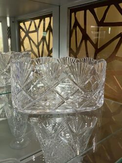 Large Vintage Cut Crystal Oval Bowl – Fan & Diamond Pattern