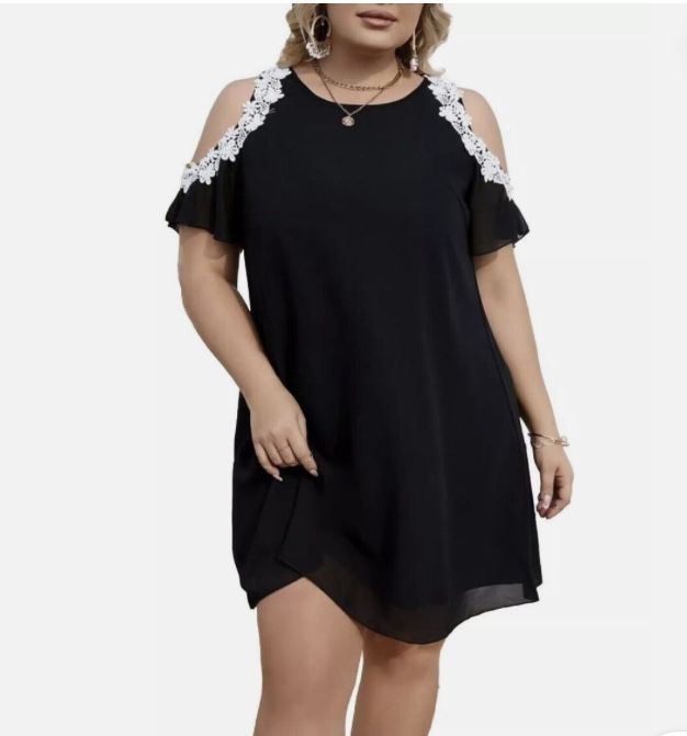 AOFUR Dress Black Chiffon White Lace Cold Shoulder Sheer Short Sleeve 4XL NWT