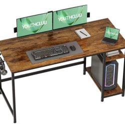 Home Office Game Desk with Wooden Storage Rack & Splice Board, 2-Story Industrial Modern Laptop Study Table, Vintage Oak, 55 inches 