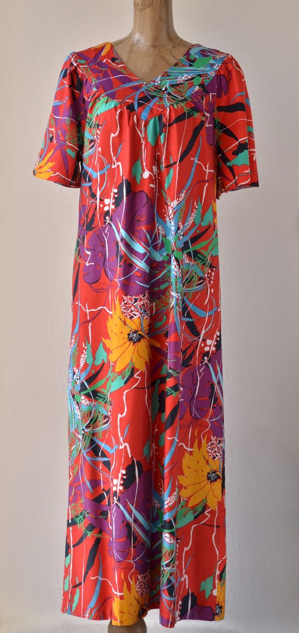 1970's Vintage Hawaiian Maxi Muumuu By Sears, Tropical Red Lounge Patio