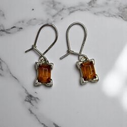 Sterling Silver Drop Earrings With Cognac Baltic Amber Rectangular Gemstones
