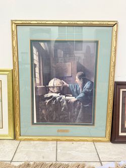 Vintage Vermeer "The Astronomer" Print in Gold Frame