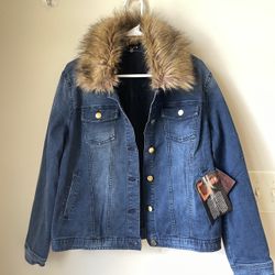 Iman Denim Jacket w/ Removable Faux Fur Collar Women’s large NWT