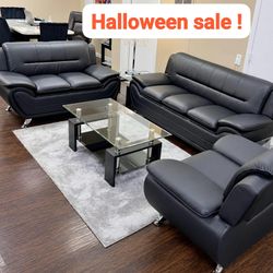 Black Faux Leather Sofa Set 3-Piece