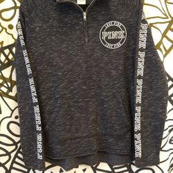 Dark Gray Medium Victoria Secret PINK quarter-zip sweatshirt with logo on chest and sleeves.