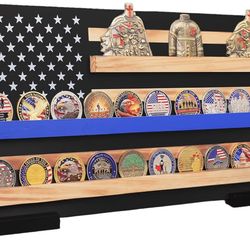 Solid Wood Challenge Coin Display, Military Coin Holder Display with American Flag , 3-Row Thin Blue Line Rack Holds 25-30 Coins,Blue Amazon's