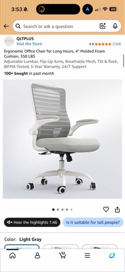 Brand New Grey Mesh Tall Back Ergonomic Office Chair w/Flip Up Armrests & Adjustable Lumbar Support