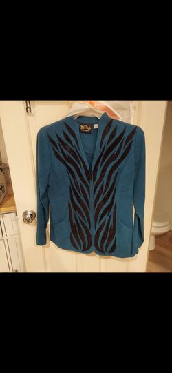 Bob Mackie Wearable Art Teal Suede Jacket Black Sequin Flame Pattern