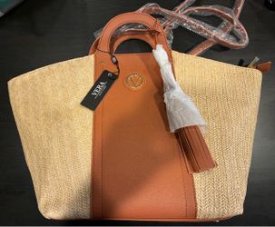 Vera New York Straw and Leather Tote Bag