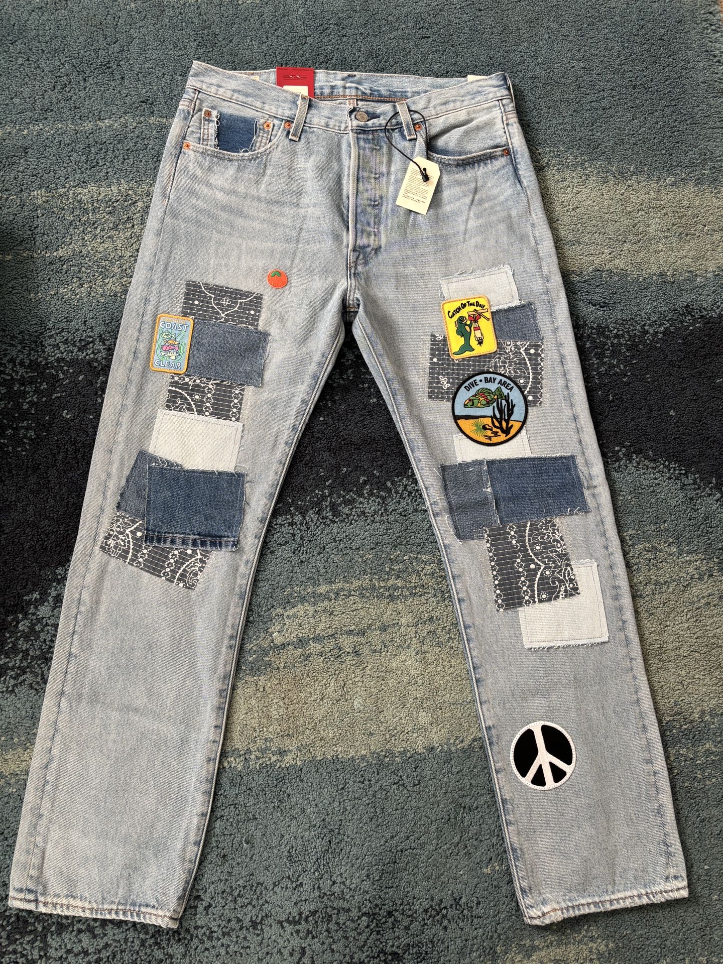 Levi's Levis 501 Limited Edition Distressed Fish Bandana Patchwork Jean 34x32
