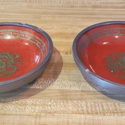 Vintage Japanese hand painted porcelain and pewter ashtray pair.