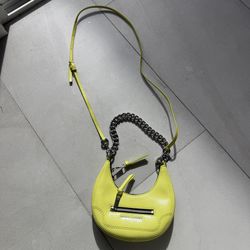 Marc Jacobs Mini Crescent Crinkle Leather Crossbody Bag with Silver Hardware Chain in Limoncello 