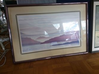 Scenery picture with glass cover surface and golden frame