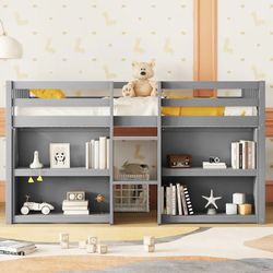 Twin Size Wood Bunk Bed with Two-Tier Shelves & Safety Guardrail Low Loft Bunk Bed with LED for Kids, Easy Assemble，Grey