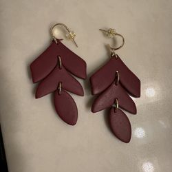 Brand new pair of handmade polymer clay leaf dangle maroon earrings