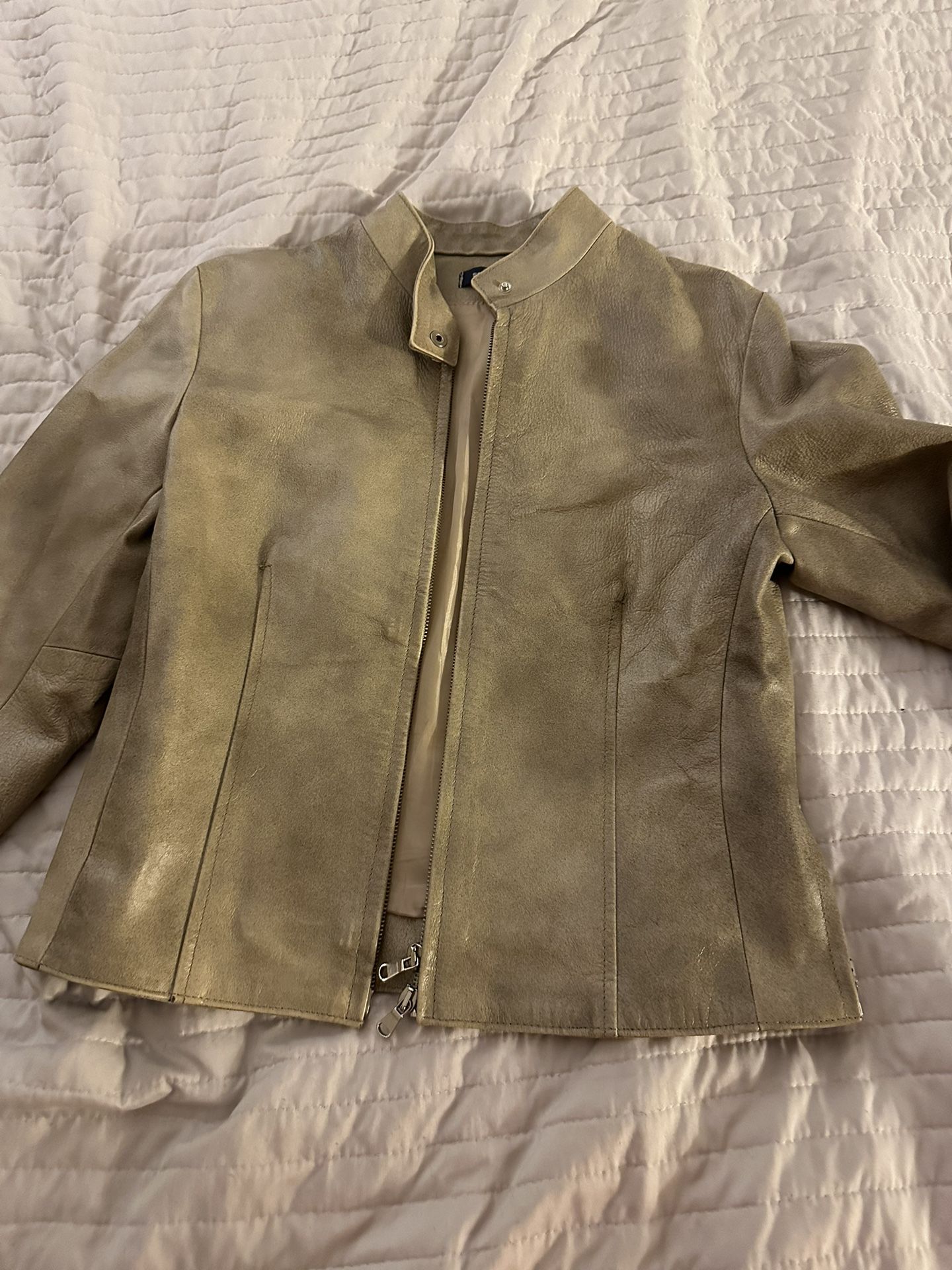 Woman Beige Leather Motorcycle Jacket From Italy Size M - Vera Pelle 