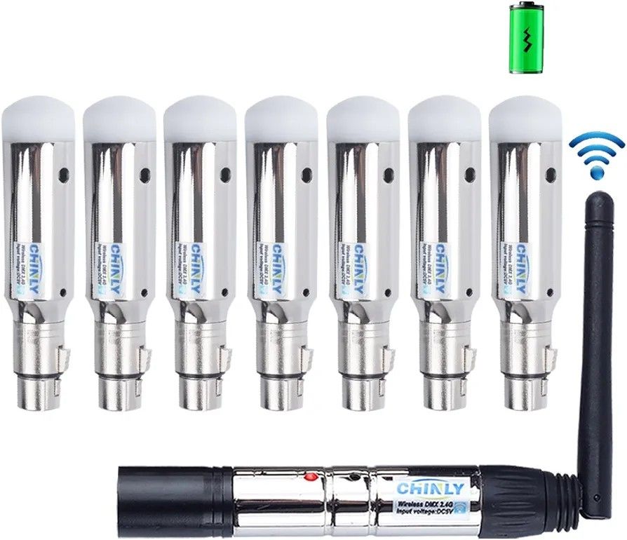 CHINLY 8pcs DMX512 DMX Dfi DJ 2.4G 7 Charging Wireless Receiver Built-in Battery & 1 Transmitter LED Lighting Control for LED Stage Par Party Light