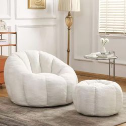 Bean Bag Chair, Stuffed Beanbag Chairs, Large Bean Bag Chair with Filler, Big Beanbag Chairs with Filling for Living Room (Teddy Fabric in Ivory, Matc