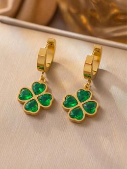 Gold Huggie Earrings with Green Crystal Clover Charm