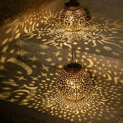 2Pack Solar Garden Lanterns Outdoor Hanging Lights Decorative Metal Moon Star 