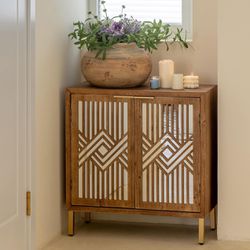 Mid Century Modern Dresser, 2 Door Accent Cabinet Woven with Mirror Fronts Clean-Lined Silhouette, Natura