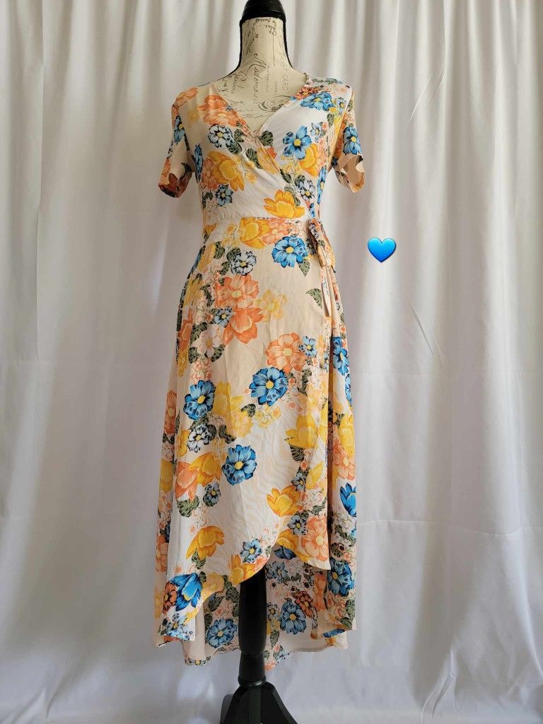 Women's Floral High Low Maxi Wrap Dress Short Sleeve V Neck Flowy Front Slit Tie-Waist Summer Beach Party Dress SIZE SMALL NEW.
