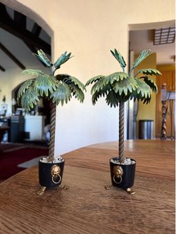 Pair of 1980s Miniature Petit Choses Decorative Tole Potted Palm Tree in Urn With Lions Heads