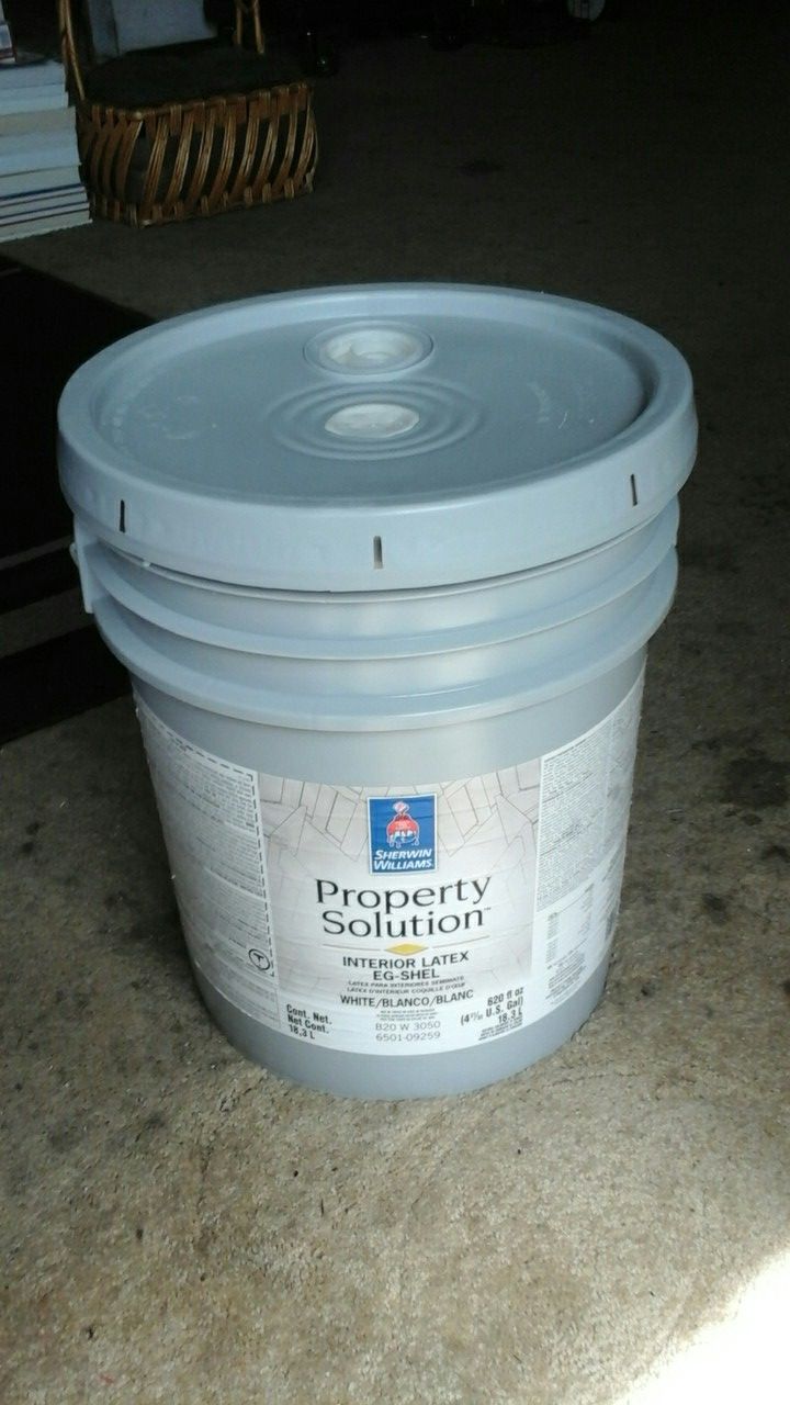 Unopened 5 gal. Sherwin Williams Property Solution EG-SHEL Off White (cream color) Interior Latex.