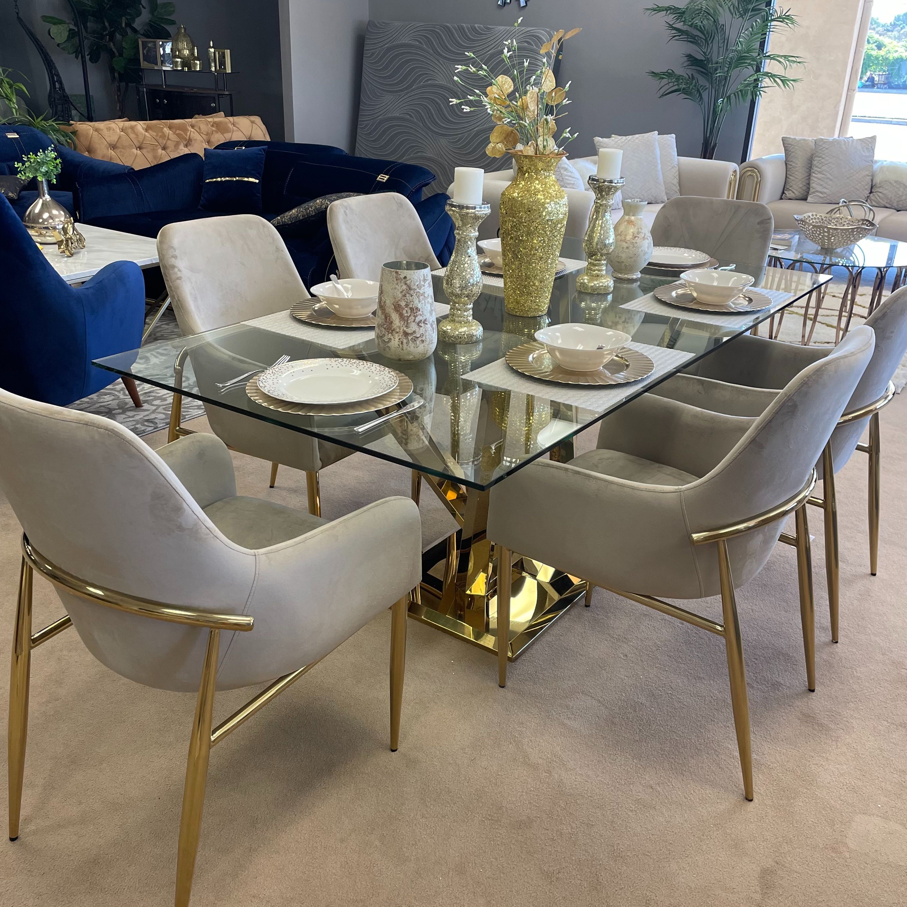 Clear Glass Top & Mirrored Gold Dining Room Set / 7pc