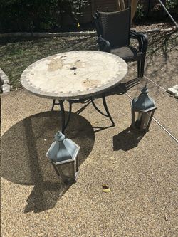 2 Real Stone Patio Tables + 8 Chairs & Umbrellas – Heavy Duty – $250 Each