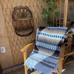 Vintage Mexican Blanket Throw Camp Beach Picnic Accent Brown Black White Geometric Stripe Tassel 