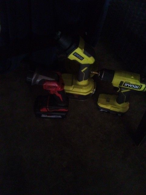 2 Ryobi Drills,A Milwaukee Flashlight All With Batteries Included