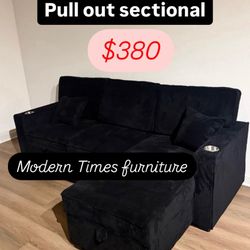 Pullout Sofa Bed /Reversible Storage Chaise W/ Cup Holder & USB & USB-C Port