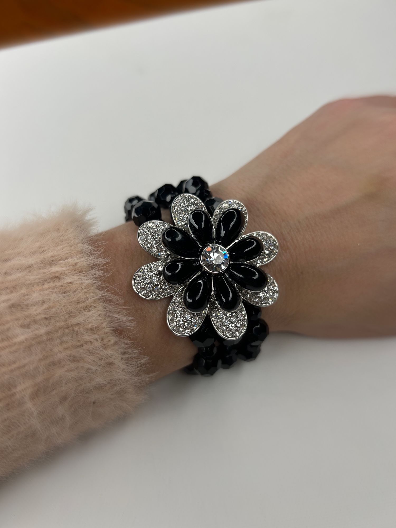 Lia Sophia 3-layer black beaded bracelet with silver rhinestone flower